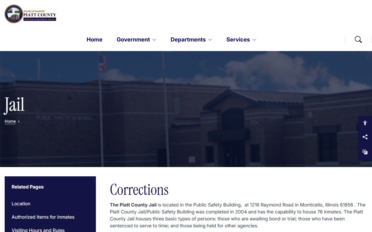 Piatt County jail and corrections page used to look up the inmate population by phone