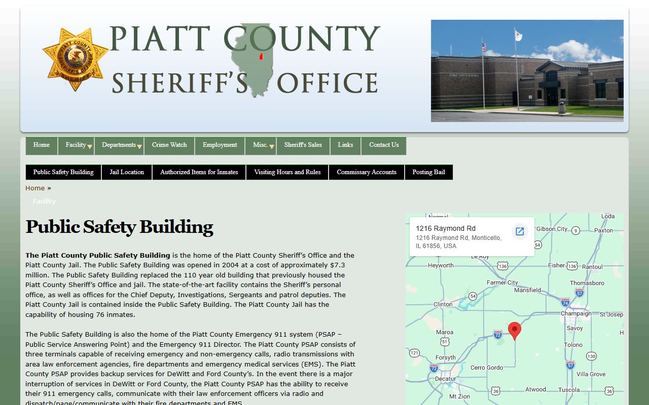 Piatt County Public Safety Building page describing the Piatt County jail capacity and inmate population history