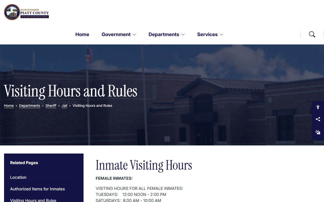 Piatt County Jail visiting hours and rules page for inmate visits