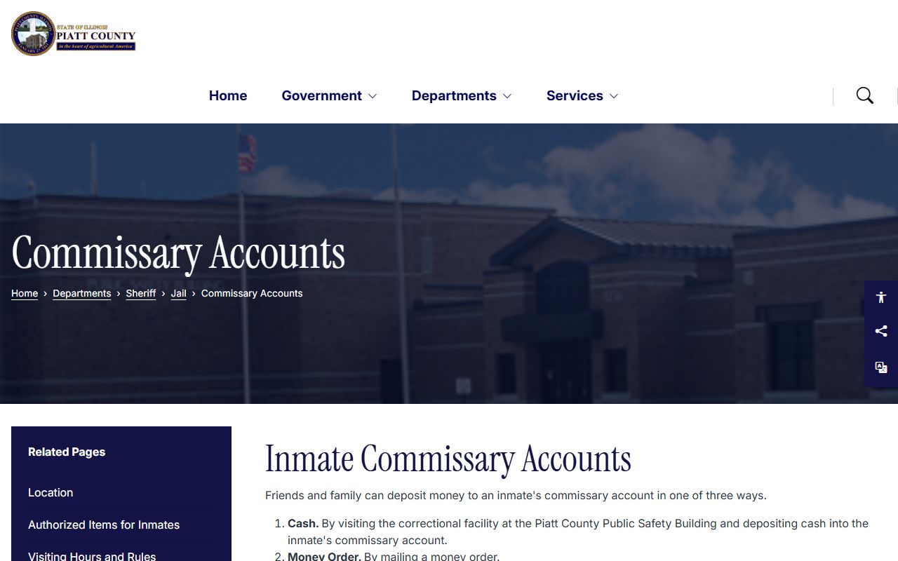 Piatt County Jail commissary accounts page for inmate money deposits